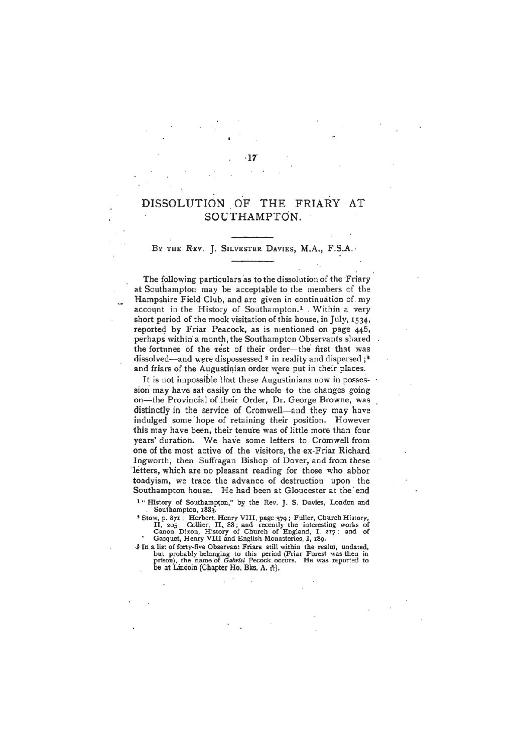 Dissolution of the Friary at Southampton